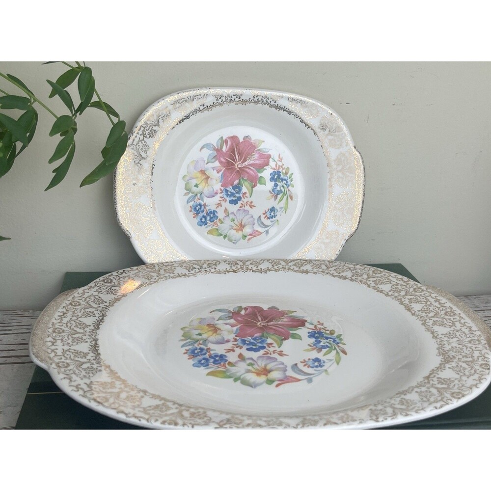 Vintage MCM Royal China 22K Gold Floral Plate Set - Cottage - Country - Decor